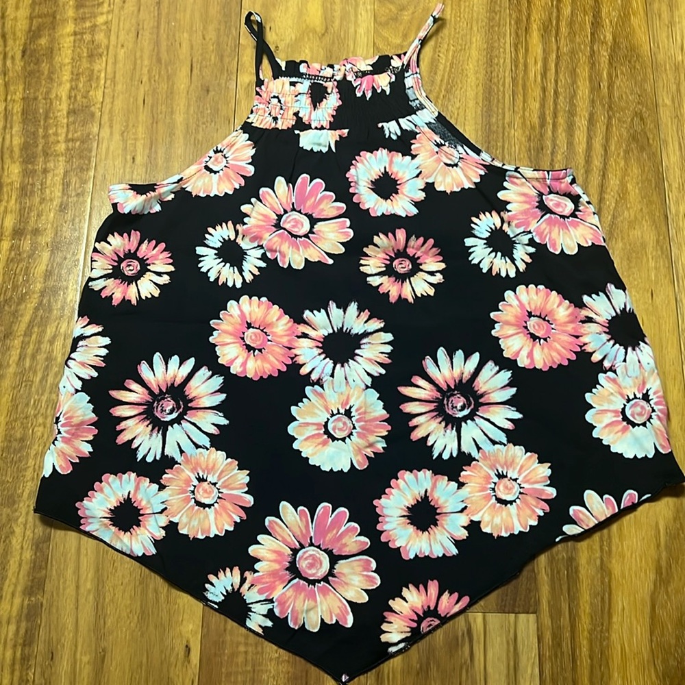 NO BOUNDARIES Black Floral Woven Smock Neck Handkerchief Cami Top Size XS
